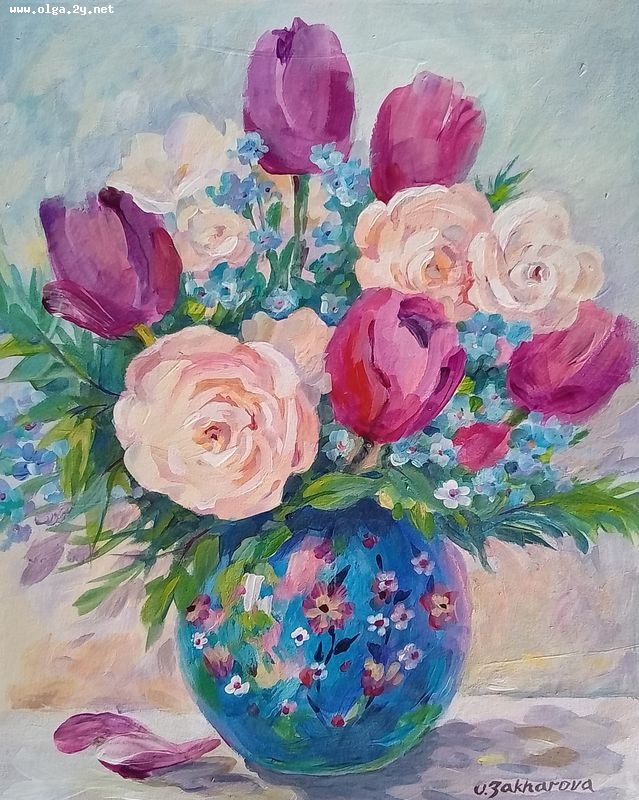 Spring Bouquet in Blue Vase